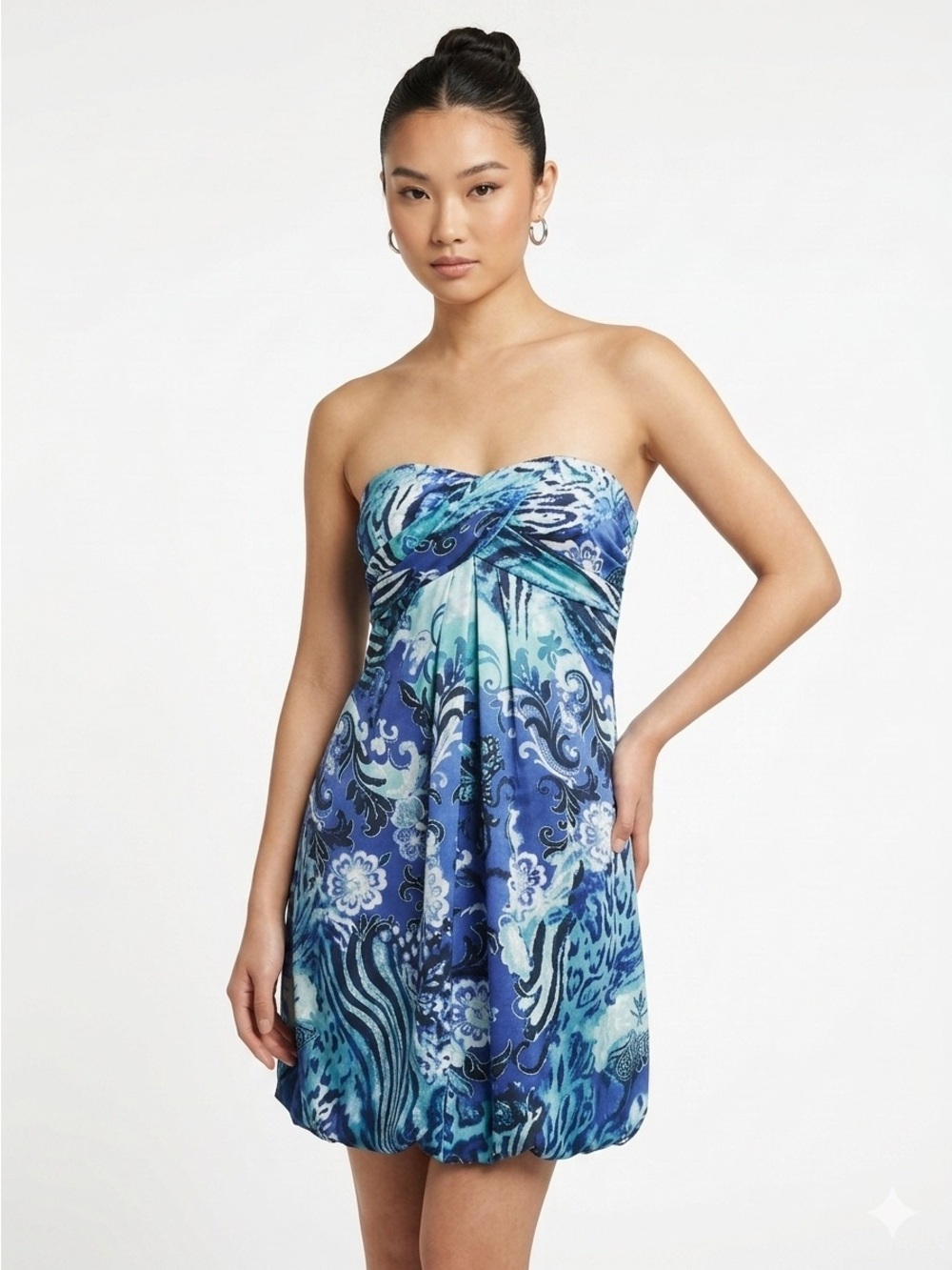 CACHE Sexy Strapless Blue Green Bubble Silk Dress Size 4 NWOT CDW $150 Y2K